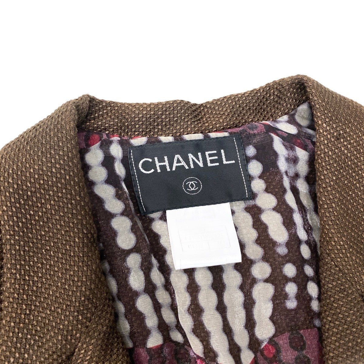 Cf12 CHANEL シャネル ココマーク テーラードジャケット 裏地ビッグロゴプリント サイズ38 ブラウン レディース 女性用k02i