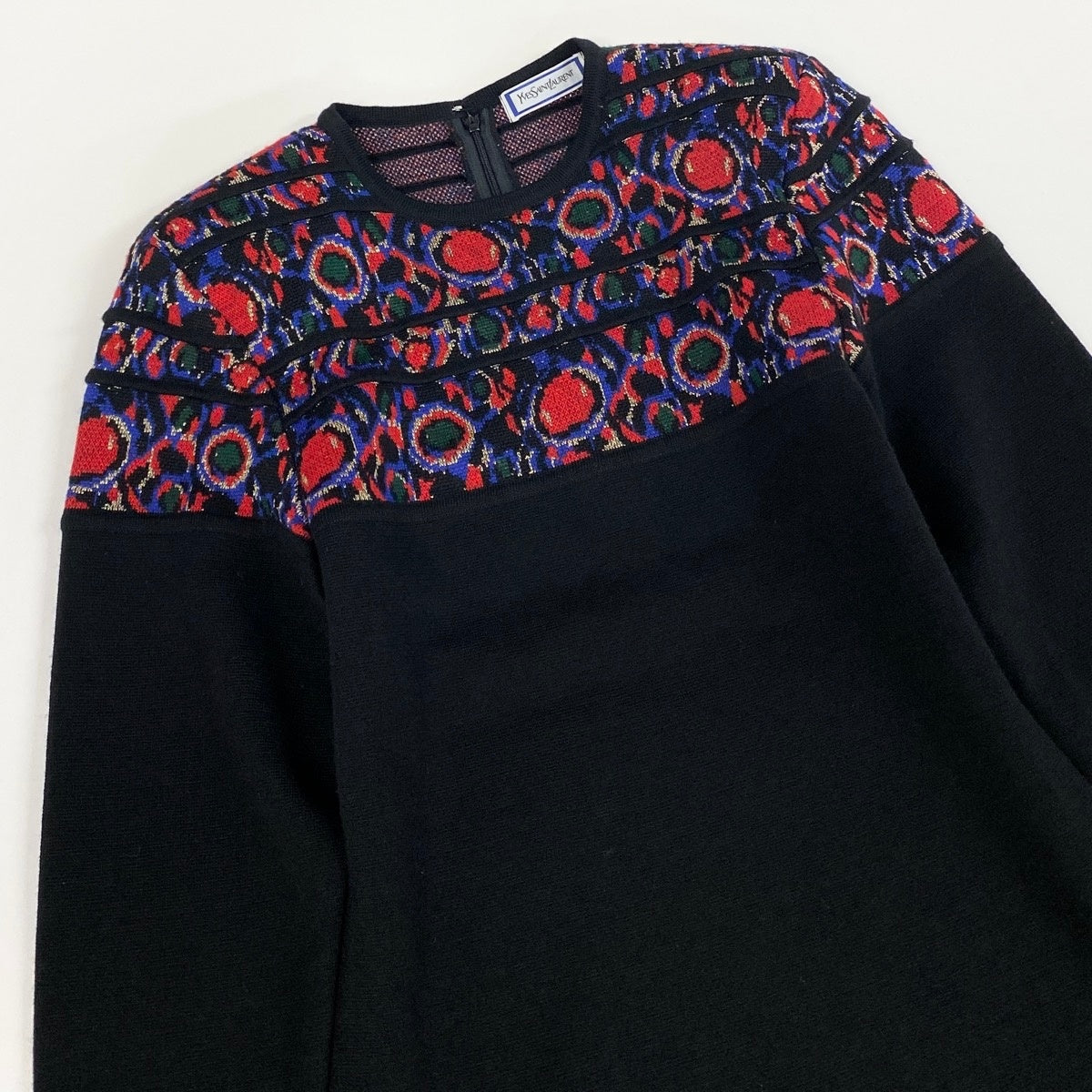 44f4 YVES SAINT LAURENT イヴサンローラン ロングスリーブ ニットワンピース 刺繍 サイズM ブラック ウール100％ レディース 女性服o07t
