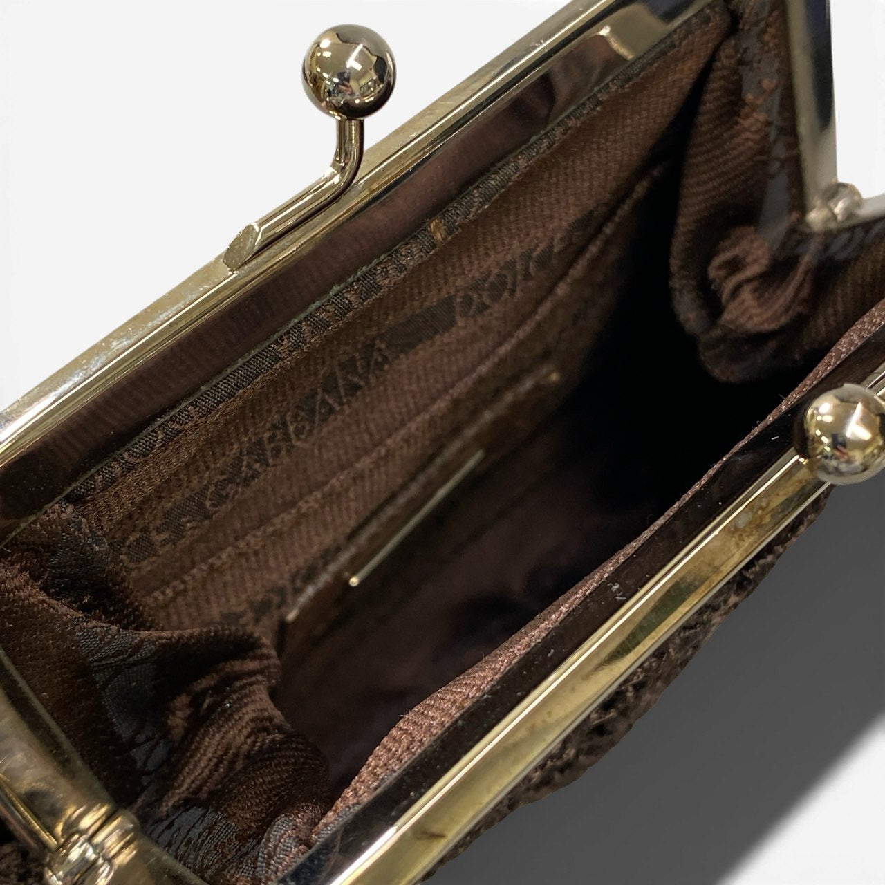 ha5 DOLCE&GABBANA ドルチェアンドガッパーナ がま口 ハンドバッグ ポーチ レース チェーン ブラウン レディースk02i