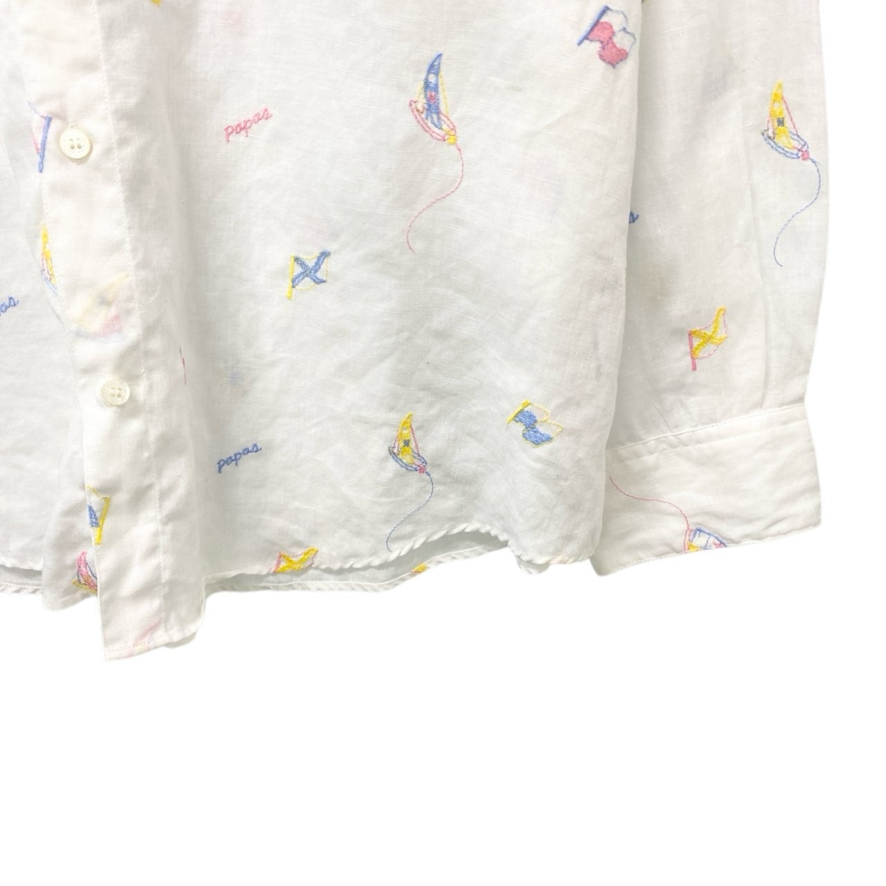 5c6 《美品》 Papas パパス リネンシャツ 長袖シャツ トップス 刺繍 LL ホワイト 麻100％ メンズu02t