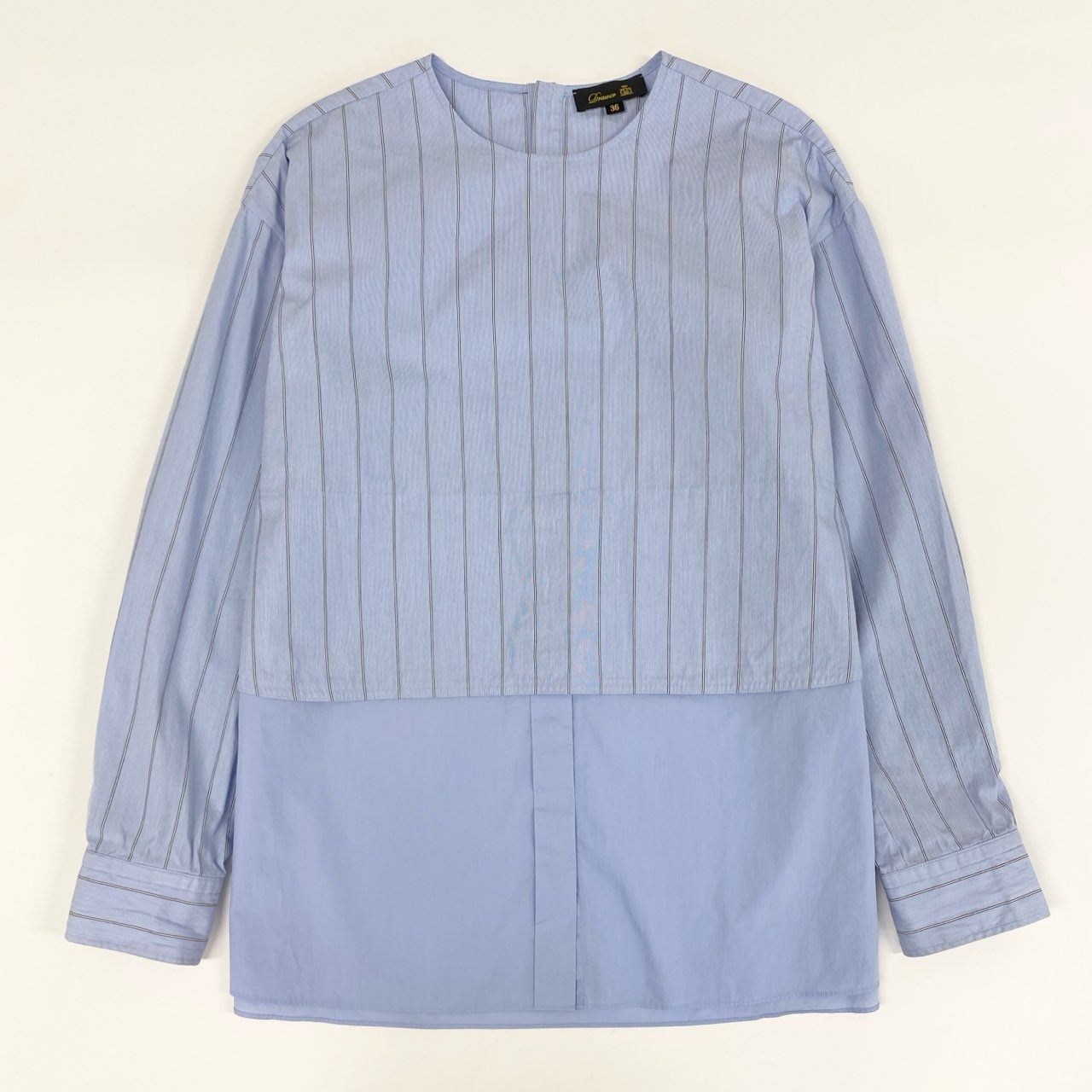 54g10 《美品》定価￥64.900 Drawer ドゥロワー 24SS レイヤーノーカラーブラウス 36 ブルー 日本製 シャツ ストライプ柄