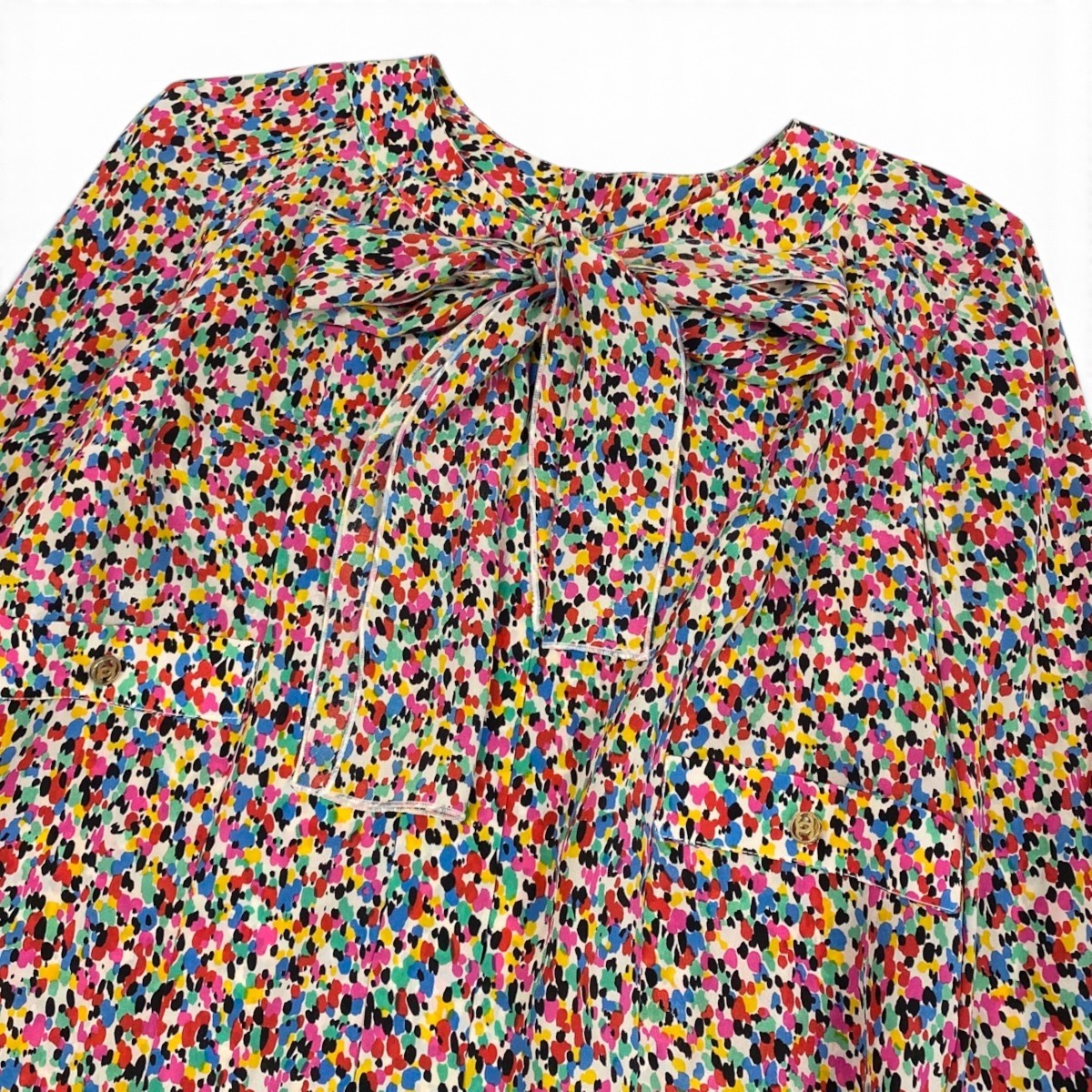 i25 【美品】CHANEL 1991年 ボウタイブラウス シルクブラウス カットソー 34サイズ マルチカラー シルク100％ レディース 女性用u02t