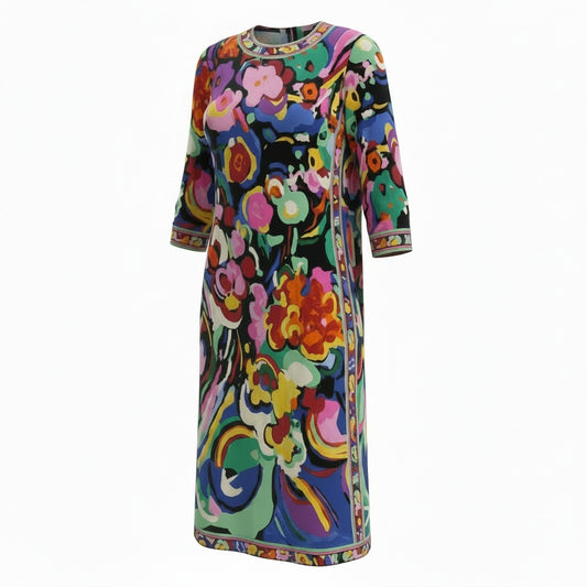 59b22 LEONARD レオナール フラワーモチーフプリント シルクワンピース ロングワンピース 花柄 サイドスリット フランス製 レディース 女性用 マルチカラー 絹100％u02t