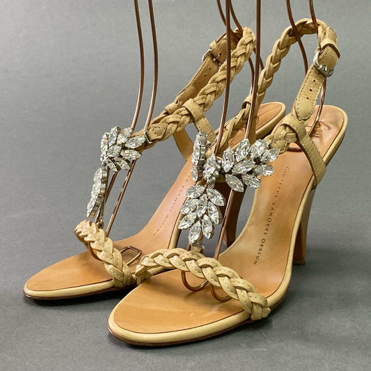 1e26 《美品》 GIUSEPPE ZANOTTI ジュゼッペザノッティ クリスタルビジュー レザーサンダル 37 ベージュ Leather アンクルストラップ シューズ 夏