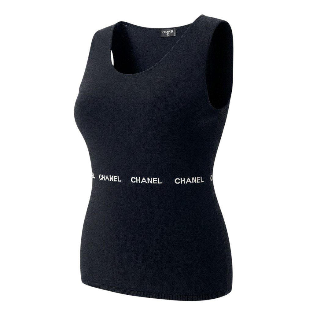 Cd22 CHANEL シャネル 2004年 ノースリーブニットセーター  CHANELロゴ トップス ブラック レディース 女性用u02t