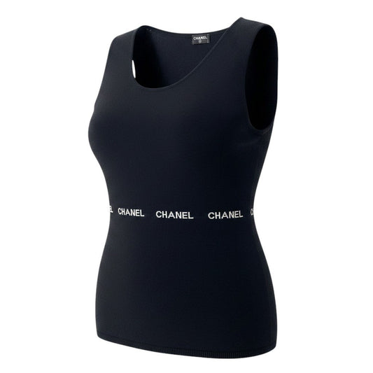 Cd22 CHANEL シャネル 2004年 ノースリーブニットセーター  CHANELロゴ トップス ブラック レディース 女性用u02t
