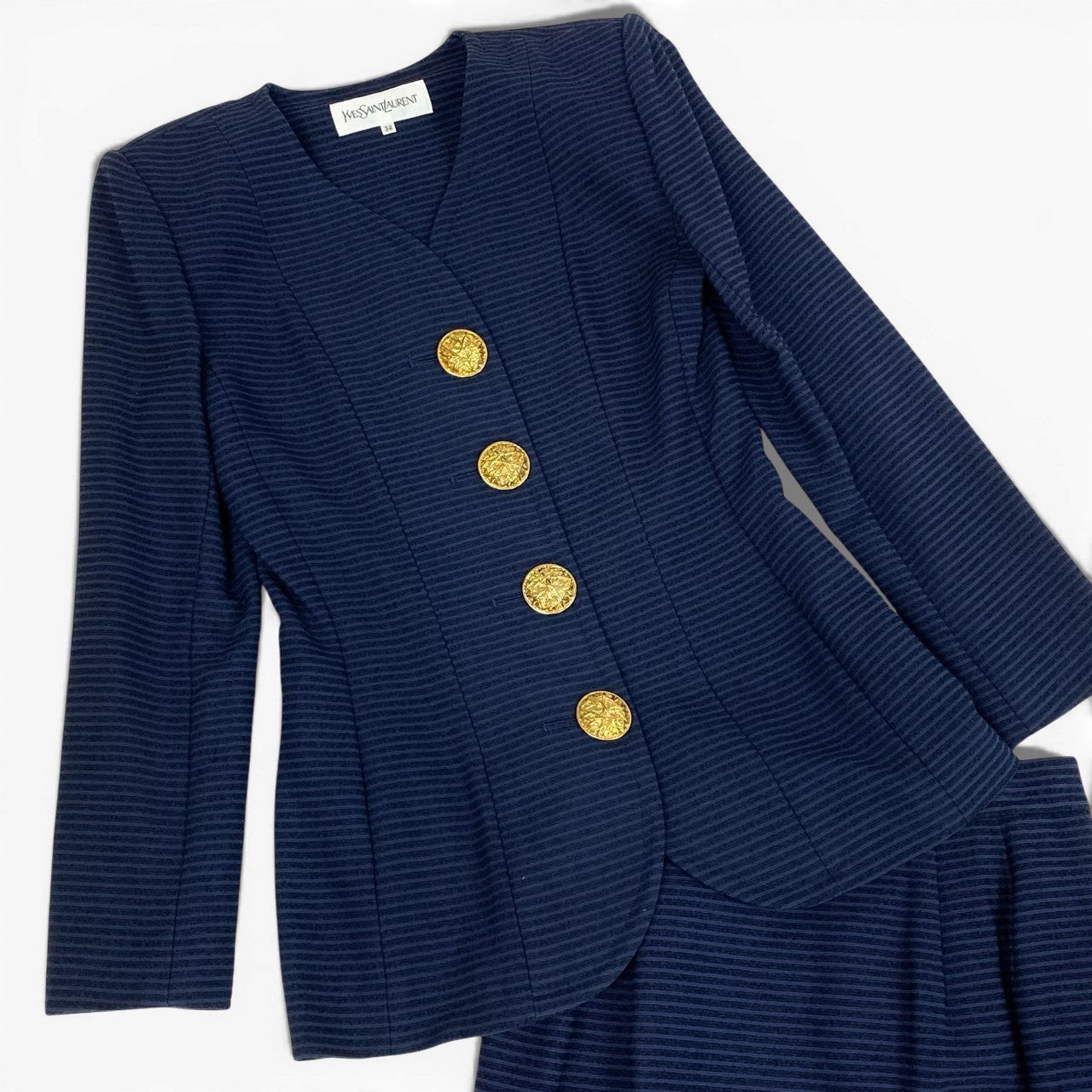 4b4 Vintage Yves Saint Laurent ヴィンテージ イブサンローラン YSL 金ボタン ノーカラー ジャケット Collarless Long Sleeve Jacket Gold Buttons 34 ネイビー コットン レディースo07t