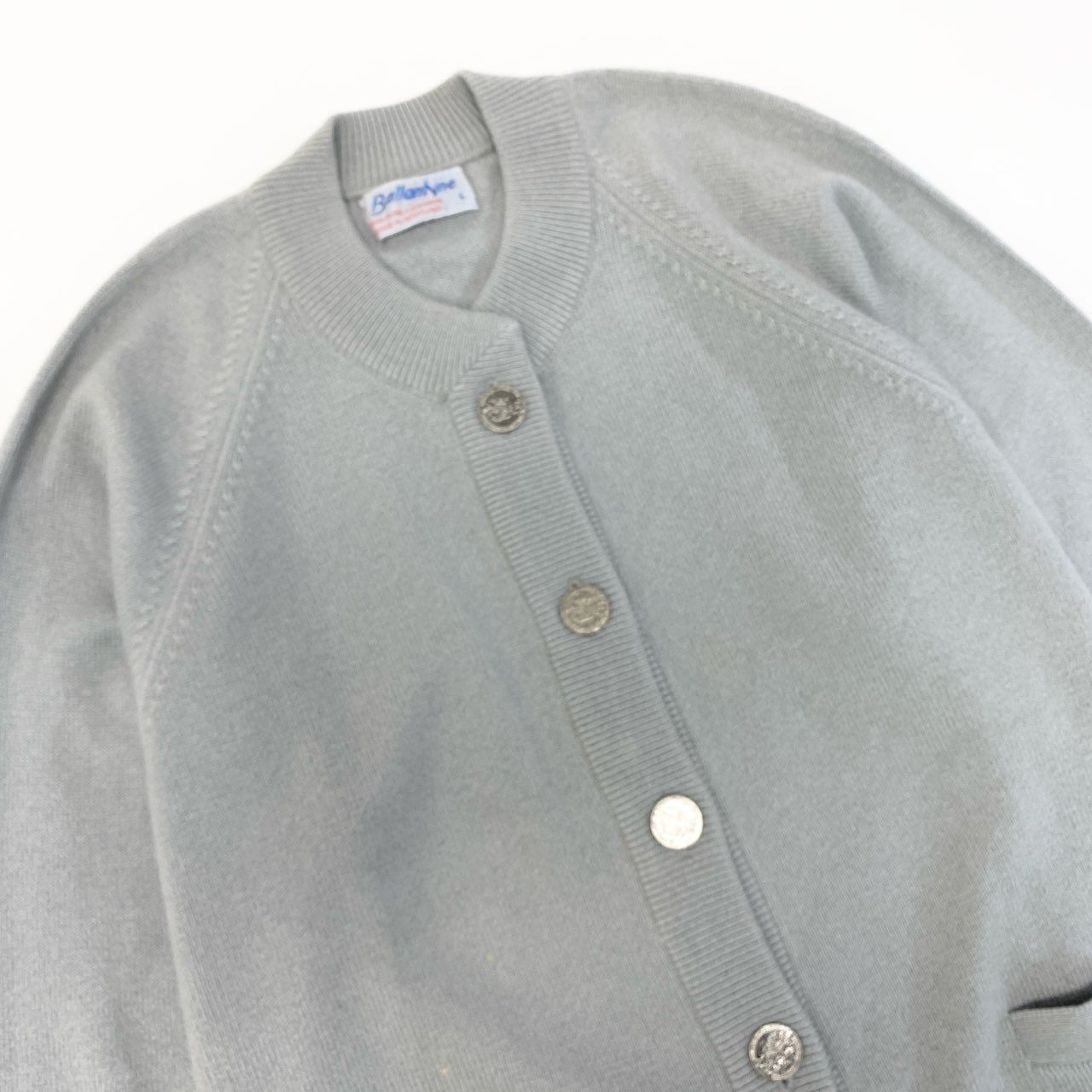 9a19 Ballantyne バランタイン ピュアカシミヤ 100％ カーディガン サイズL ブルーグレー Pure Cashmere スコットランド製t18r