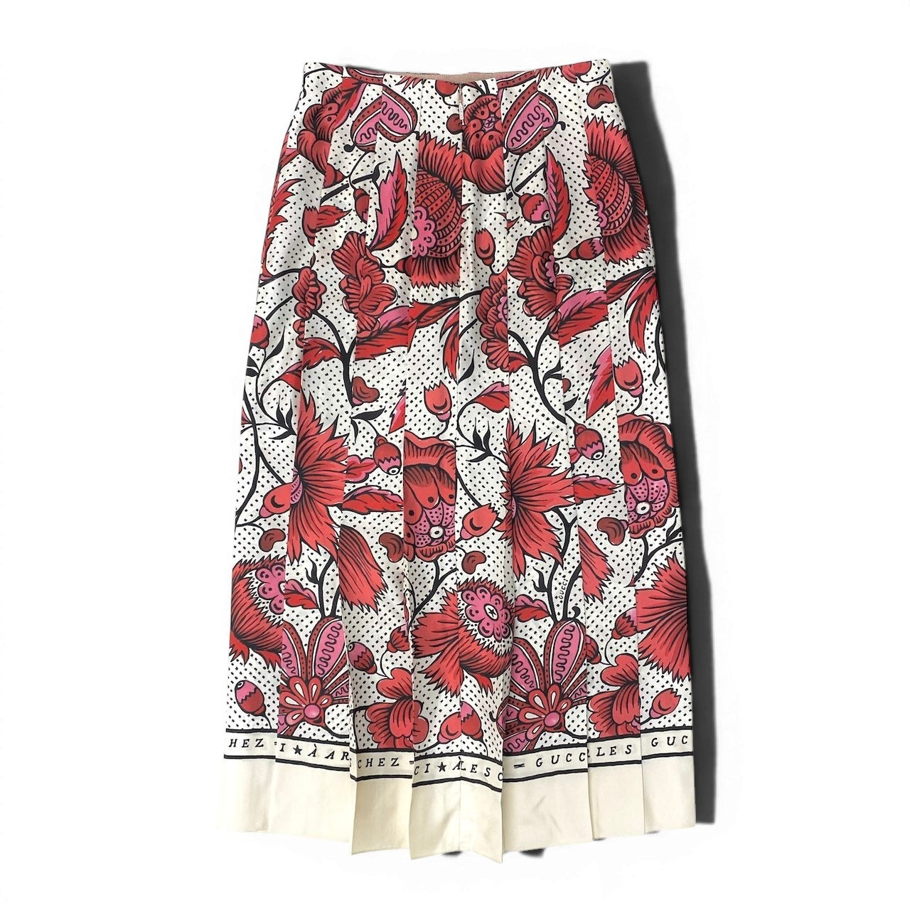 Ie26 【美品】 GUCCI グッチ フローラル プリーツ ロングスカート レトロモダン 総柄 409370 ZAA0H サイズ36 ロッソ/レッド シルク100％ レディース 女性服u02t