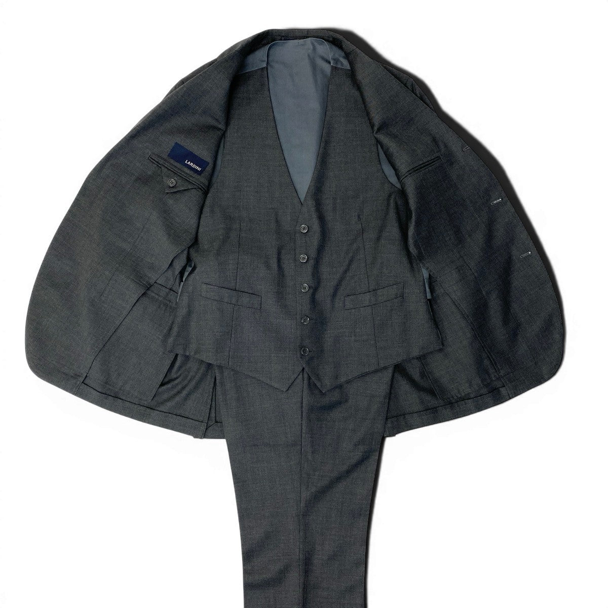 11e27 LARDINI ラルディーニ スリーピーススーツ 3ピース セットアップ ブートニエール付 サイズ50 グレー メンズ 紳士服u02t