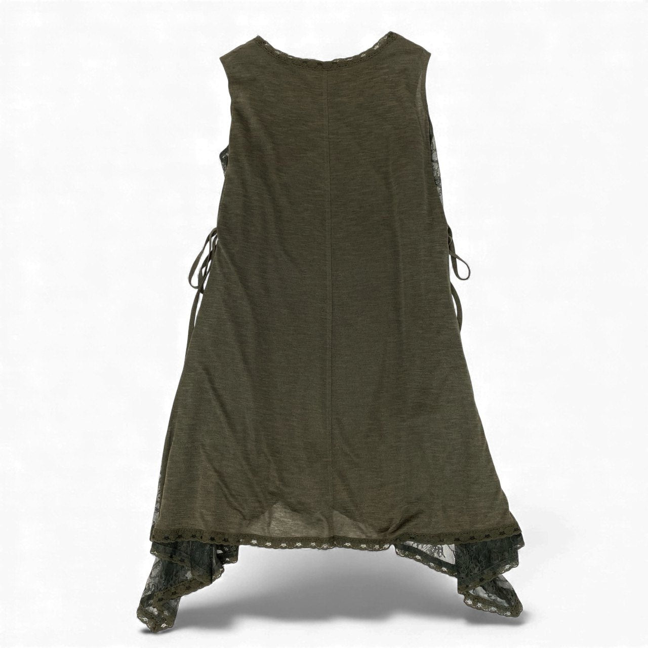 20L2《美品》 TOKUKO 1er VOL トクコプルミエヴォル ノースリーブワンピース フレアワンピース サイド花柄レース ウエストリボン○ レディース  9 カーキu02t