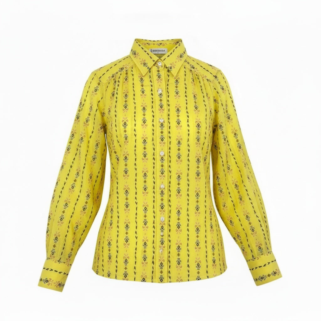 52b10 【極美品】CELINE セリーヌ デッドストック 80’s 長袖フローラルプリントシャツ Button-Down Shirt in Bright Yellow 36サイズ イエロー コットン100％ レディース 女性用ta1
