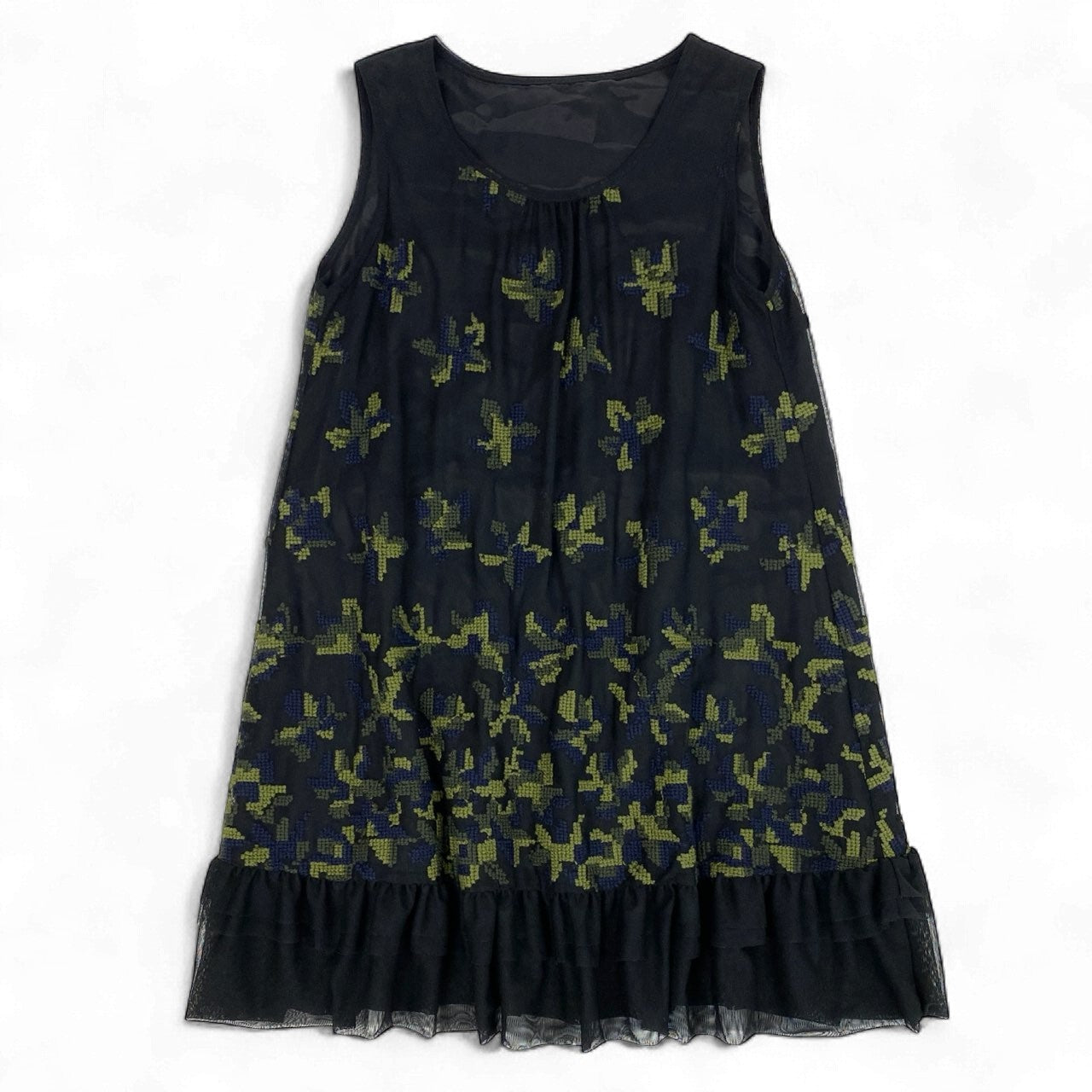 64k19《美品》 TOKUKO 1er VOL トクコプルミエヴォル ノースリーブワンピース 総柄刺繍 レイヤード風 重ねメッシュ 裾フリル○ レディース 9 ブラックu02t