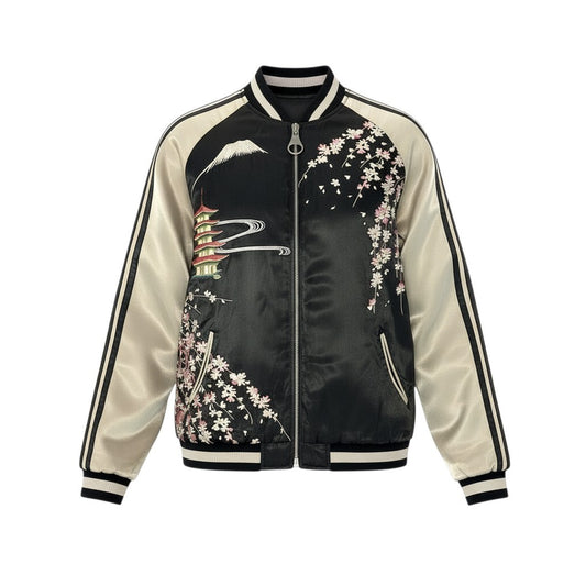 2c29 花旅楽団 SCRIPT リバーシブル 舞妓 和柄刺繍 スカジャン サイズL ブラック  スーベニアジャケットt18r