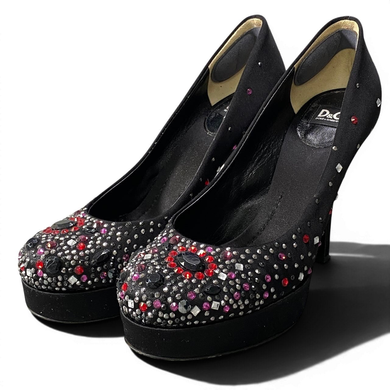 e8 D&G DOLCE&GABBANA ドルチェ＆ガッバーナ ラインストーン パンプス サイズ37 1/2 ブラック サテン レディース シューズk02i