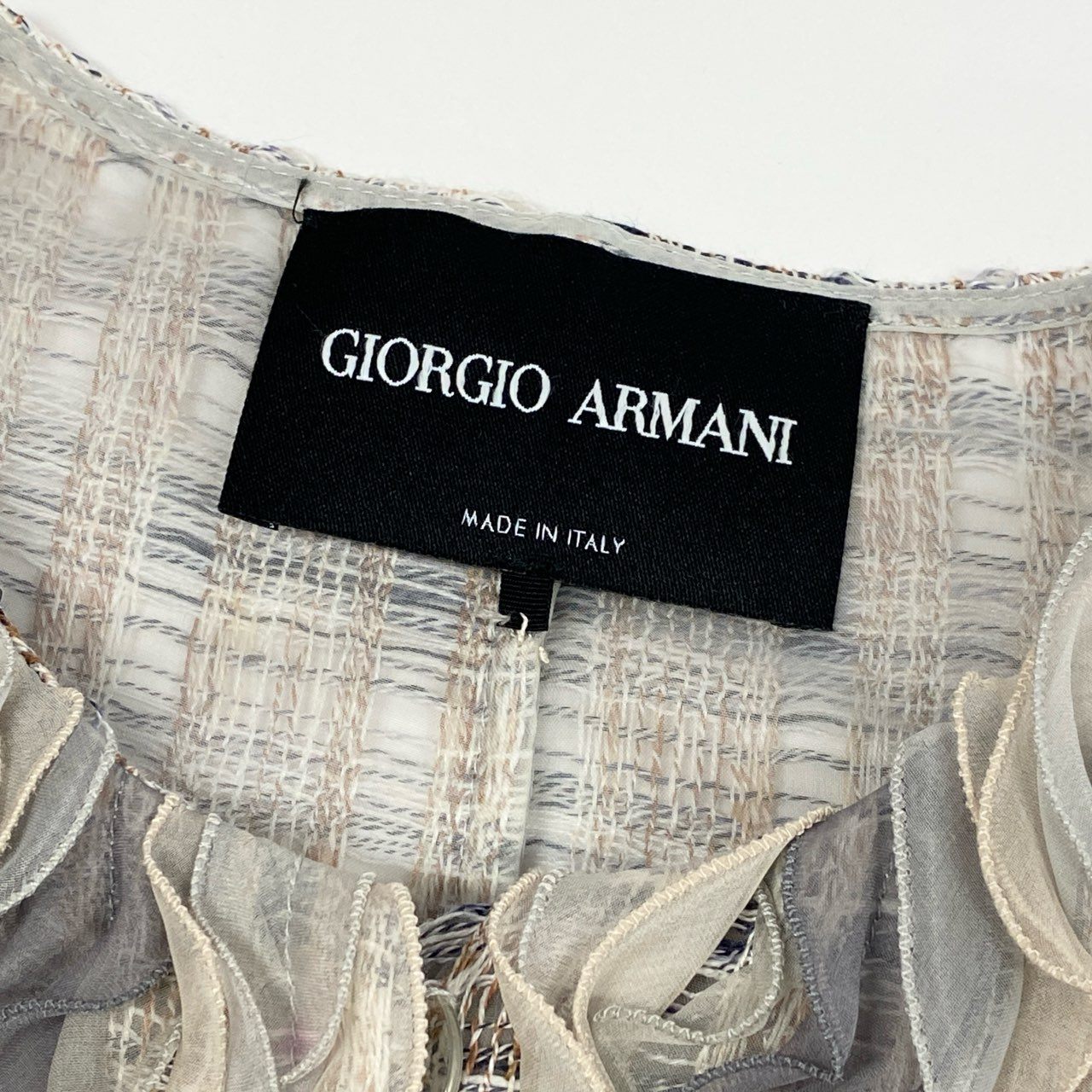 46a30 GIORGIO ARMANI ジョルジオアルマーニ ノーカラージャケット リネンツイードシルクラッフルジャケット 38サイズ マルチカラー リネン100％ シルク100％ レディースo07t