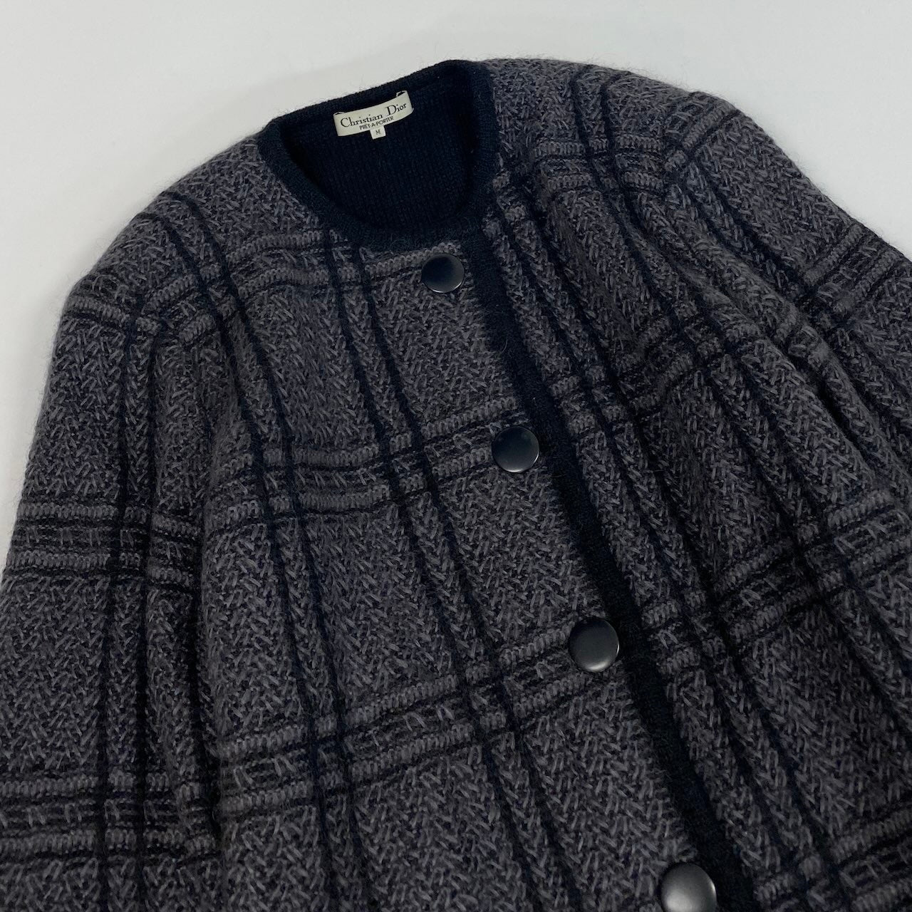21d18 Christian Dior クリスチャンディオール ロングスリーブ ニットカーディガン ミディアム丈 総柄 Mサイズ グレー系 レディース 女性用u02t