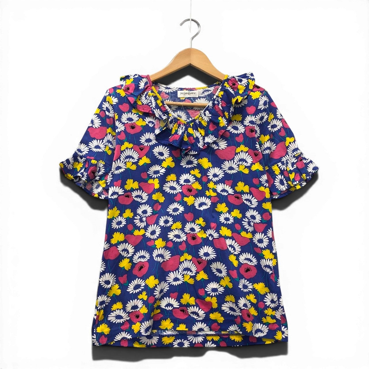 58g7 YVES SAINT LAURENT イヴサンローラン フラワープリント Tシャツ 半袖カットソー フリルネック サイズM ブルー コットン100％ レディースo07t