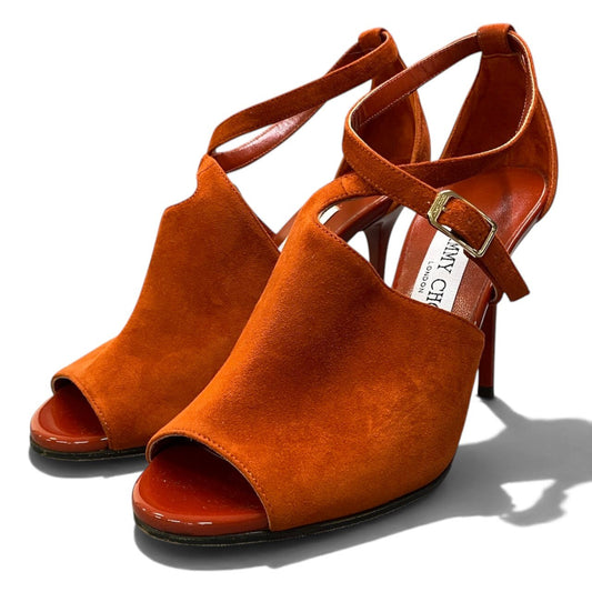 i1 JIMMY CHOO ジミーチュウ オープントゥ ストラップ ヒールサンダル サイズ36 オレンジ系 スウェードレザー レディースk02i