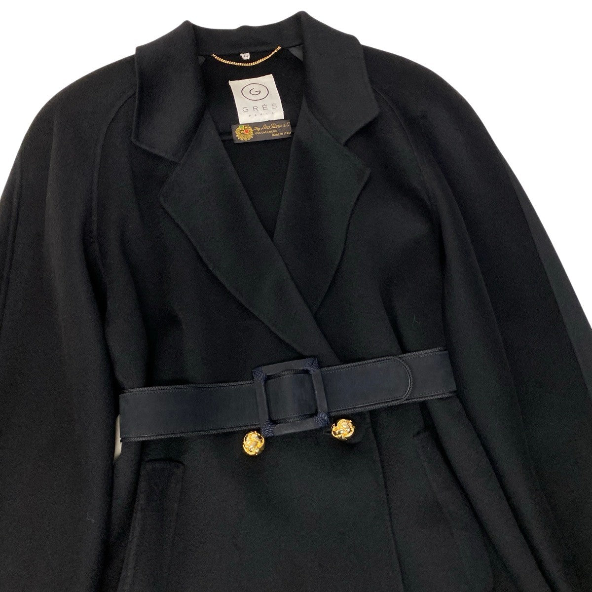 42h18 GRES グレ Loro Piana ロロピアーナ生地 ロングコート カシミヤコート イタリア製 金ボタン 総カシミア ベルト 44 ブラック カシミヤ100％ レディース 女性用u02t