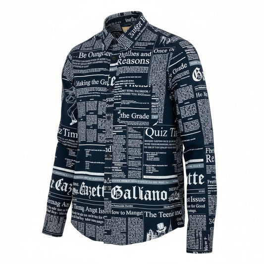 65b10【美品】John Galliano ジョンガリアーノ ヴィンテージ ロングスリーブボタンダウンシャツ  ニュースペーパー柄 12サイズ ブラック ホワイト メンズ 男性用k02i
