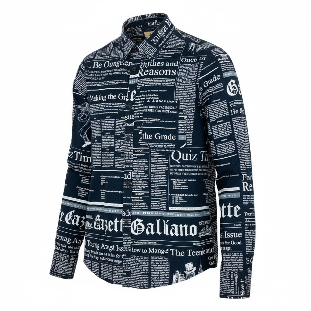 Ab10【美品】John Galliano ジョンガリアーノ ヴィンテージ ロングスリーブボタンダウンシャツ  ニュースペーパー柄 12サイズ ブラック ホワイト メンズ 男性用k02i