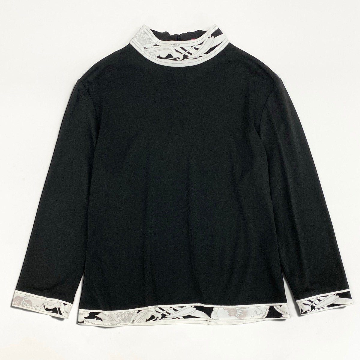 13i14 LEONARD レオナール ハイネックカットソー 長袖カットソー カンカン素材 薄手 0169559 L ブラック オフホワイト レディース 女性用u02t