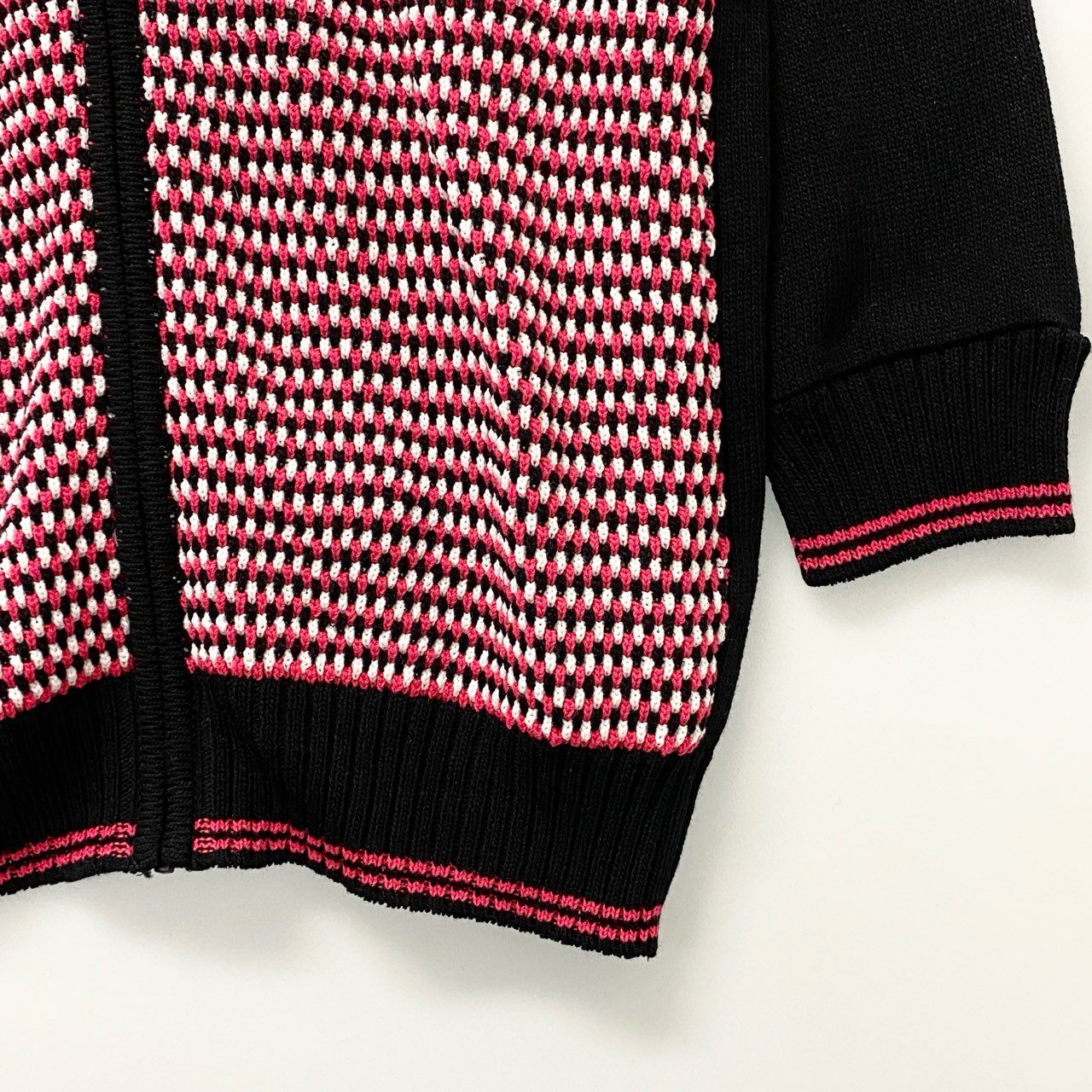 19b17 【美品】 LEONARD レオナール ニットカーディガン ハイネックセーター ファスナー チェック 42 ブラック レディース 女性用u02t