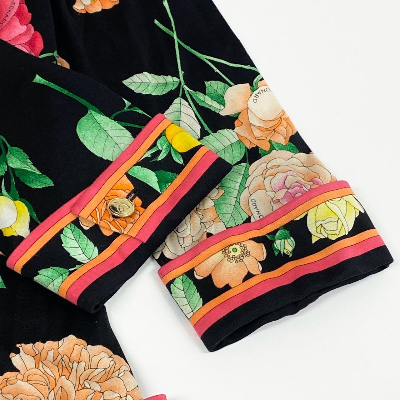 3k19 LEONARD FASHION レオナール ロングシャツワンピース ノーカラー 羽織 美しい花柄プリント ロングスリーブ 金ボタン レディース 女性用 L ブラック コットン100％u02t