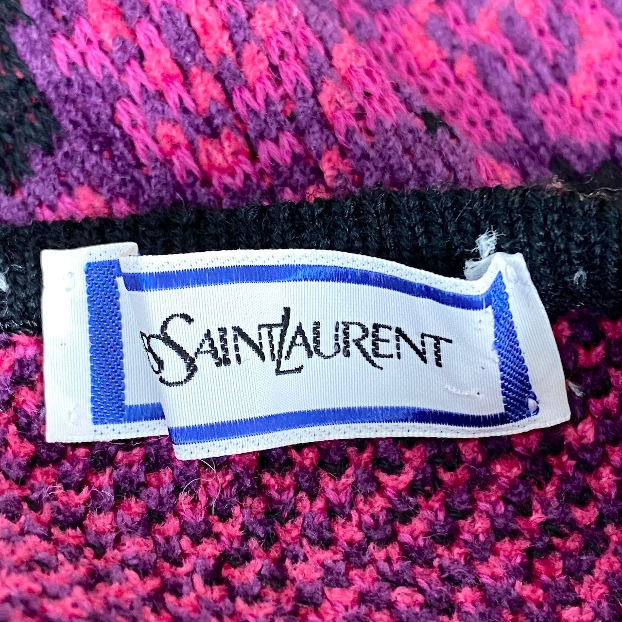 82f28 YVES SAINT LAURENT イヴサンローラン クルーネック ニットセーター 総柄 ウールブレンド サイズM ピンク パープル ブラック レディース 女性服o07t