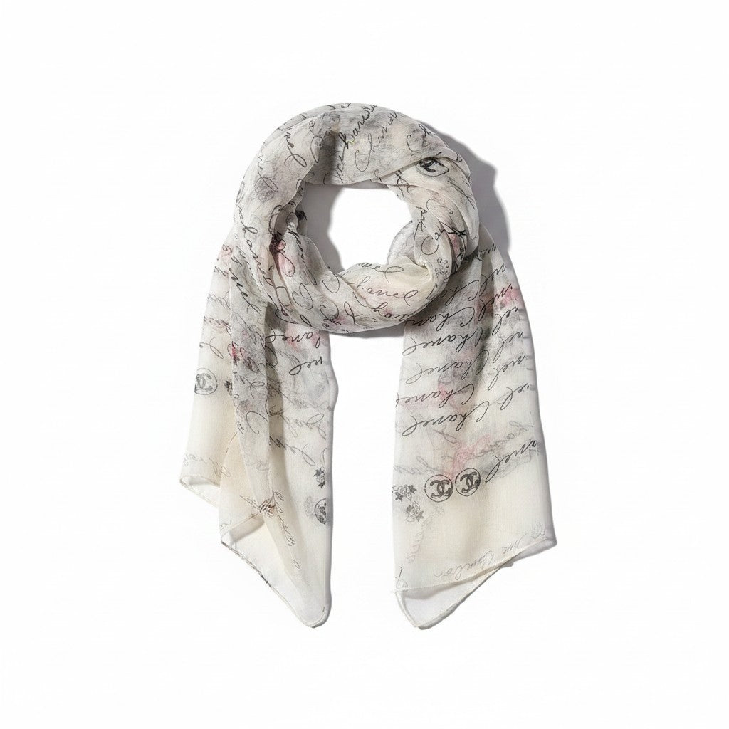 e13 CHANEL シャネル シルクスカーフ 長方形 ココマーク 総柄 ホワイト シルク100％ レディース 女性用k02i
