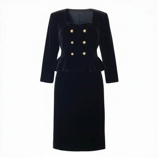 47b4 Vintage Christian Dior ヴィンテージ クリスチャンディオール 金ボタン ベルベット セットアップ ジャケット スカート Velvet Skirt Suit Gold Button S ブラック レディースo07t