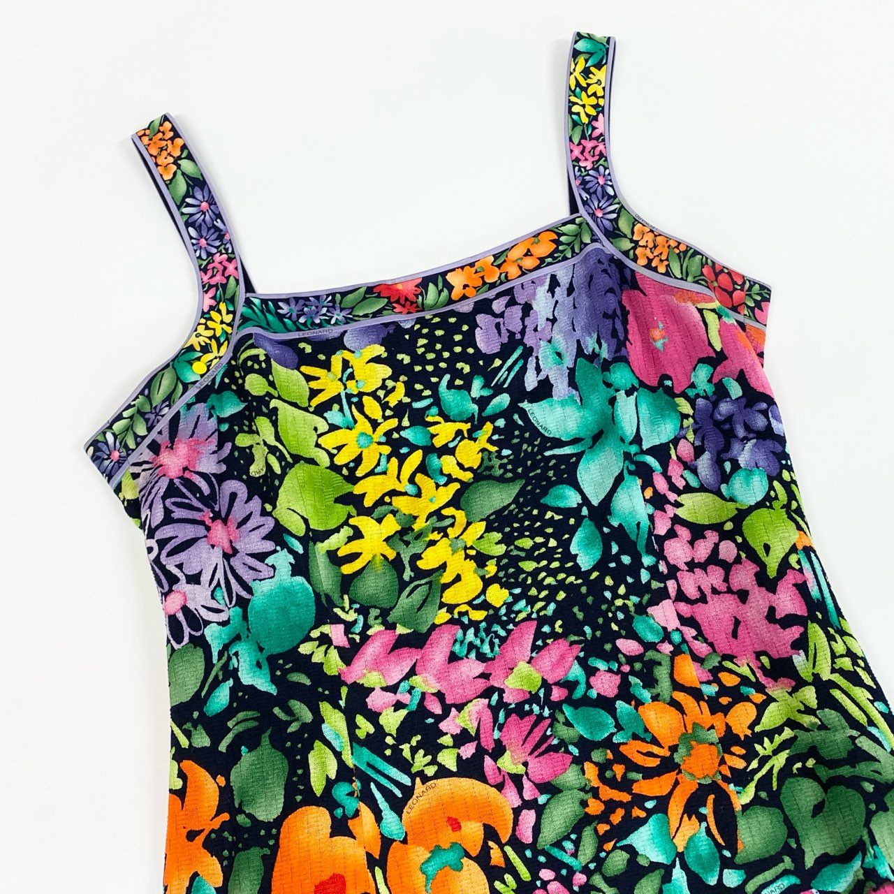 59b22 LEONARD FASHION レオナール ノースリーブワンピース 膝丈ワンピース 美しい花柄プリント レディース 女性服 サイズ11AR ネイビーu02t