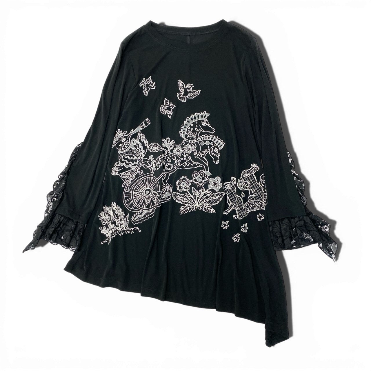 38c2 TOKUKO 1er VOL トクコプルミエヴォル チュニックカットソー フレア レーススリーブ 花柄 アニマル 刺繍 ストレッチ レディース 女性服 サイズ9 ブラックu02t