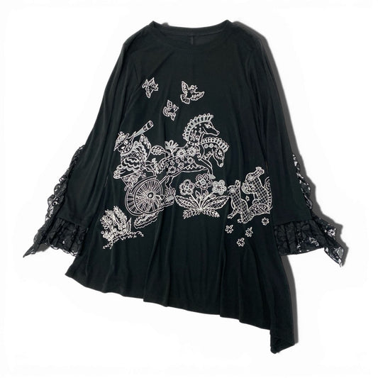 38c2 TOKUKO 1er VOL トクコプルミエヴォル チュニックカットソー フレア レーススリーブ 花柄 アニマル 刺繍 ストレッチ レディース 女性服 サイズ9 ブラックu02t