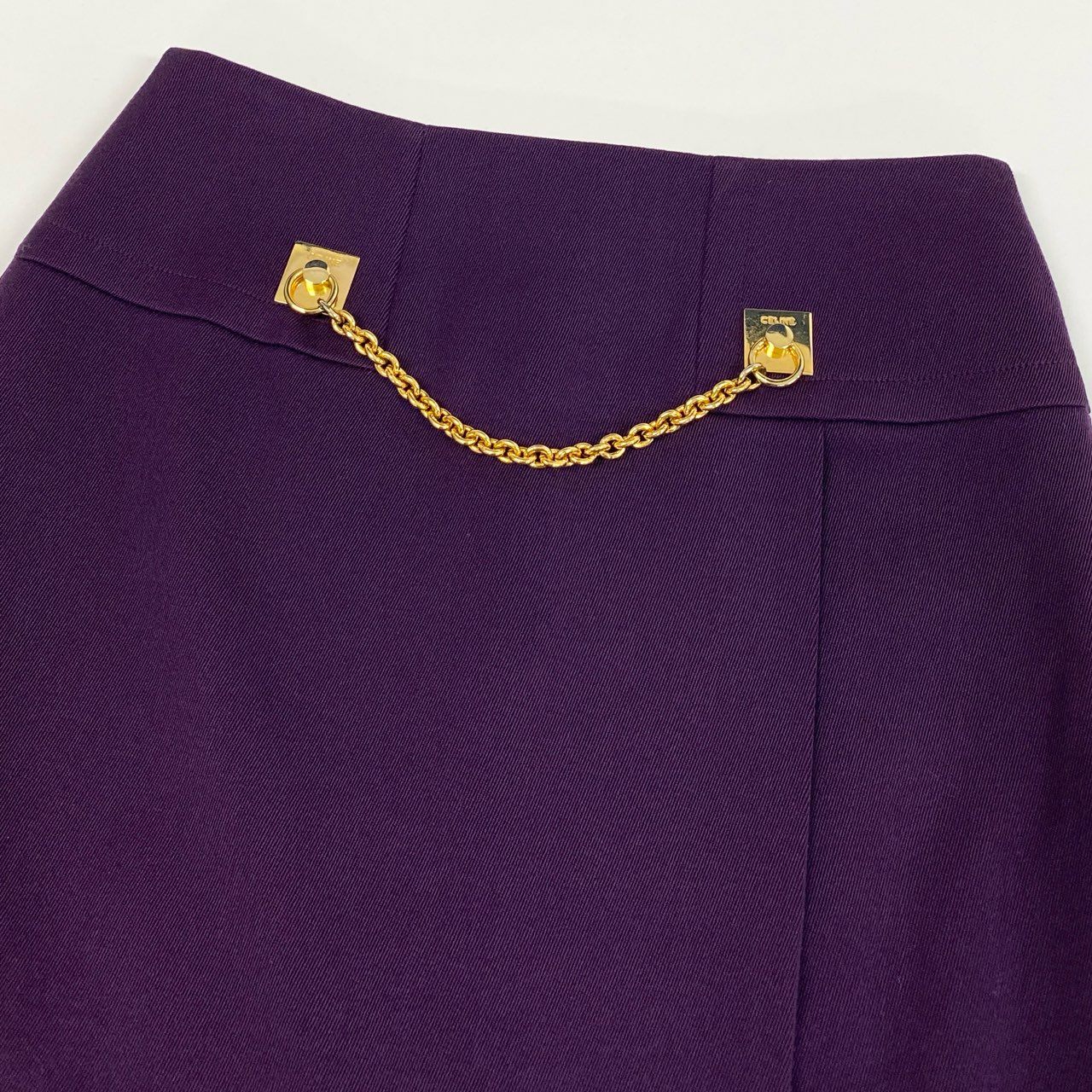 64L15 Vintage CELINE セリーヌ ヴィンテージ オールド ゴールドチェーン 台形スカート フレアスカート 38 パープル ウール レディースu02t