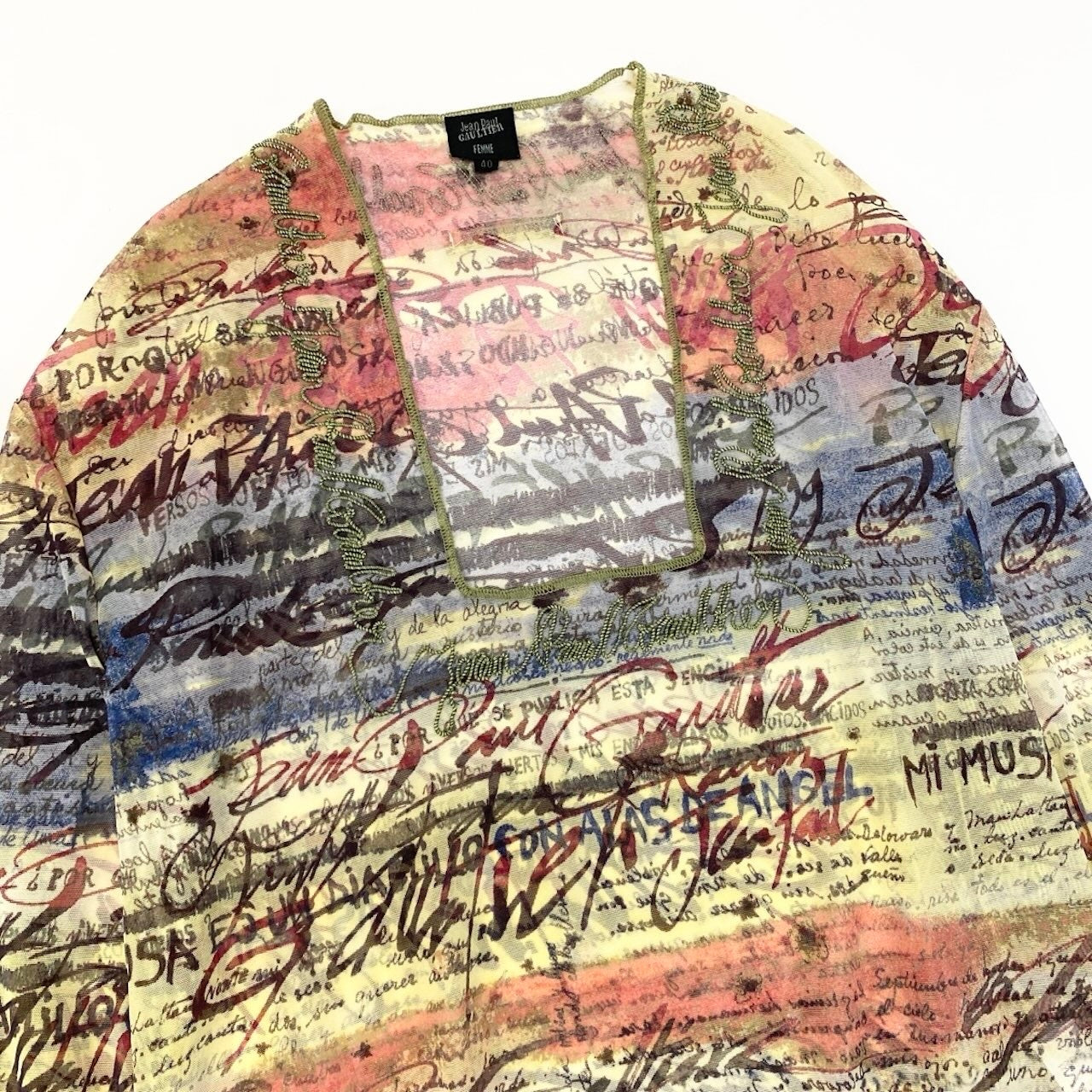 Af9 【美品】Jean Paul GAULTIER FEMME ジャンポールゴルチエ パワーネット ロングスリーブカットソー 刺繡デザイン 総柄 スクエアネック 40サイズ マルチカラー レディース 女性用u02t