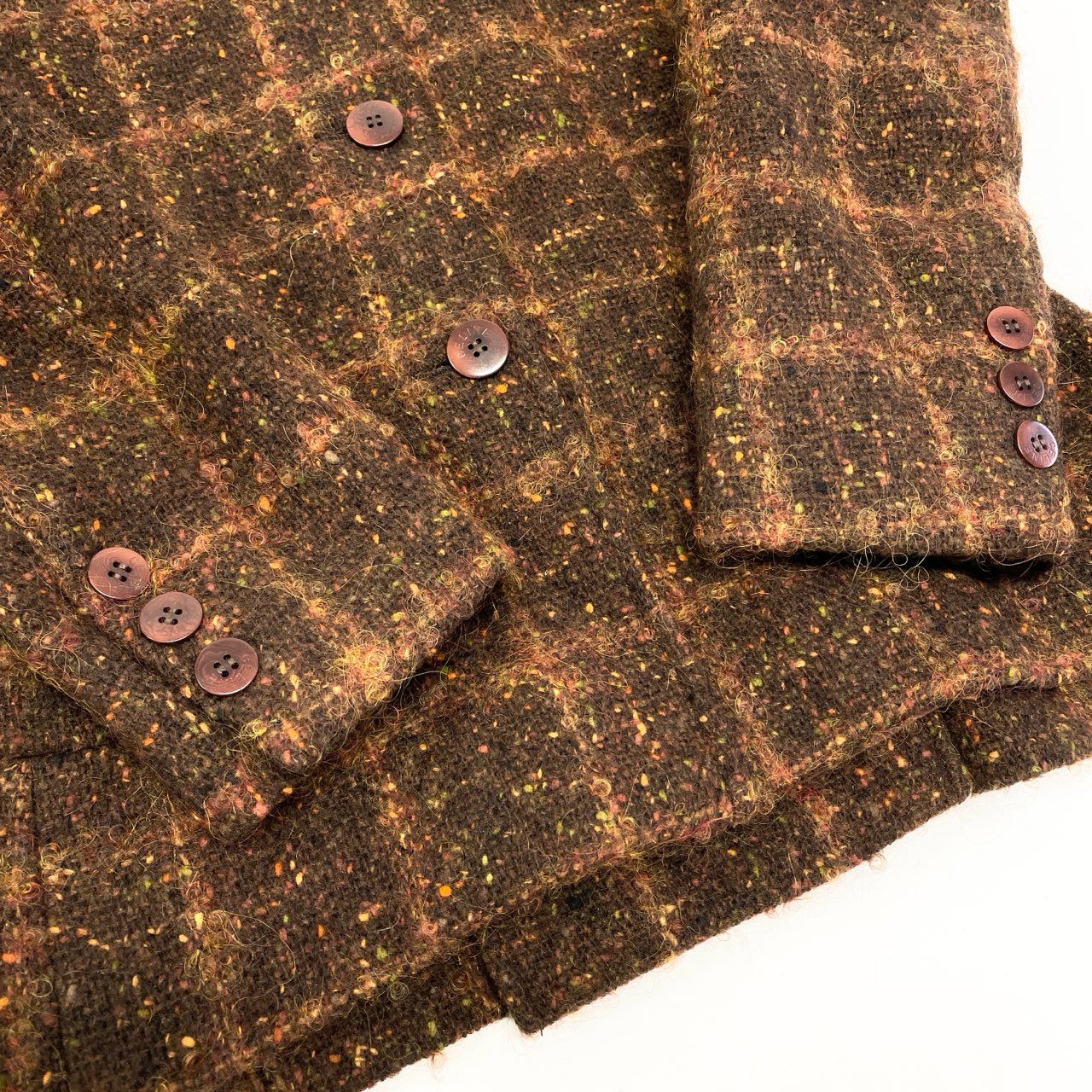 82a29 Vintage CELINE セリーヌ ツイード ジャケット スカート ゴールドチェーン 42 ブラウン ウールレーヨン フランス製u02t