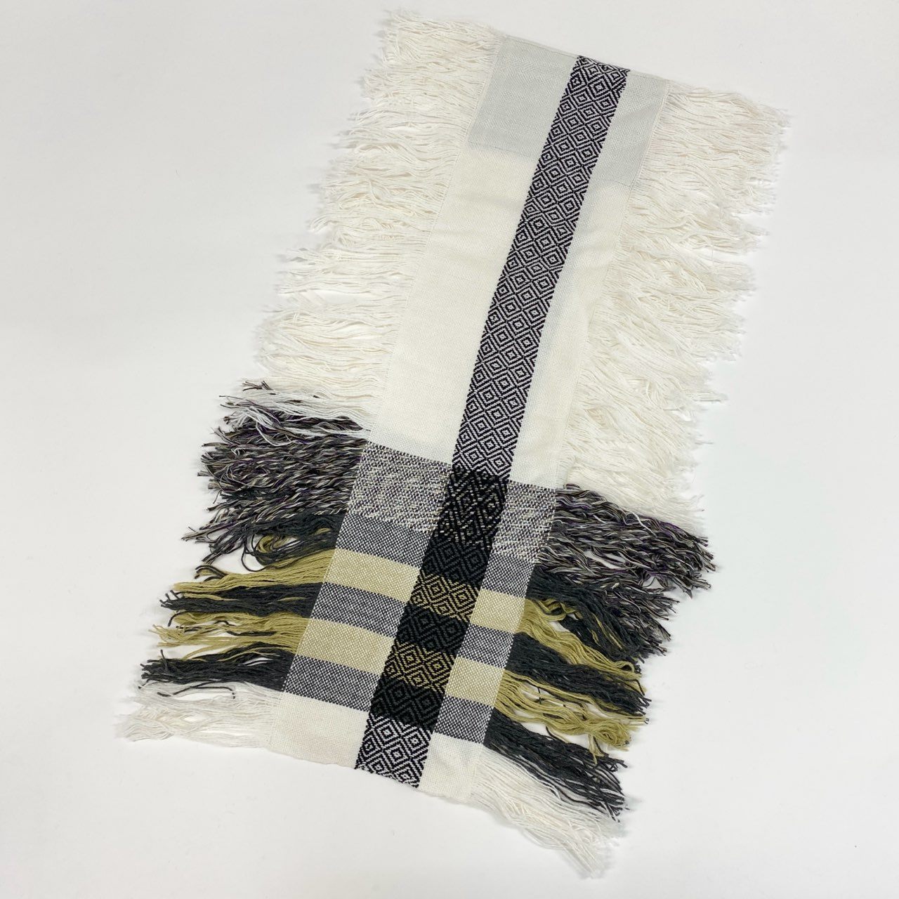 a5-2 《未使用保管品》定価￥42,900 SEEALL シーオール HANDLOOM STOLE FRINGES フリンジストール ST882 ホワイト グリーン マフラー タグ付き