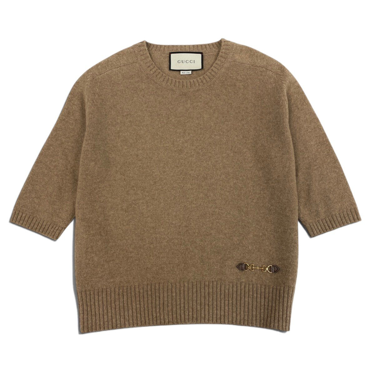 Ei7 【美品】 GUCCI グッチ カシミヤニットセーター ホースビット 五分袖 サイズL ベージュ カシミア100％ レディースk02i