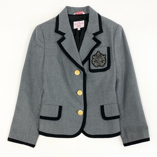 11f12 Vivienne Westwood RED LABEL ヴィヴィアンウエストウッド レッドレーベル テーラードジャケット ブレザー オーブ金ボタン ワッペン パイピング サイズ2 グレー ウール100 レディース 女性用