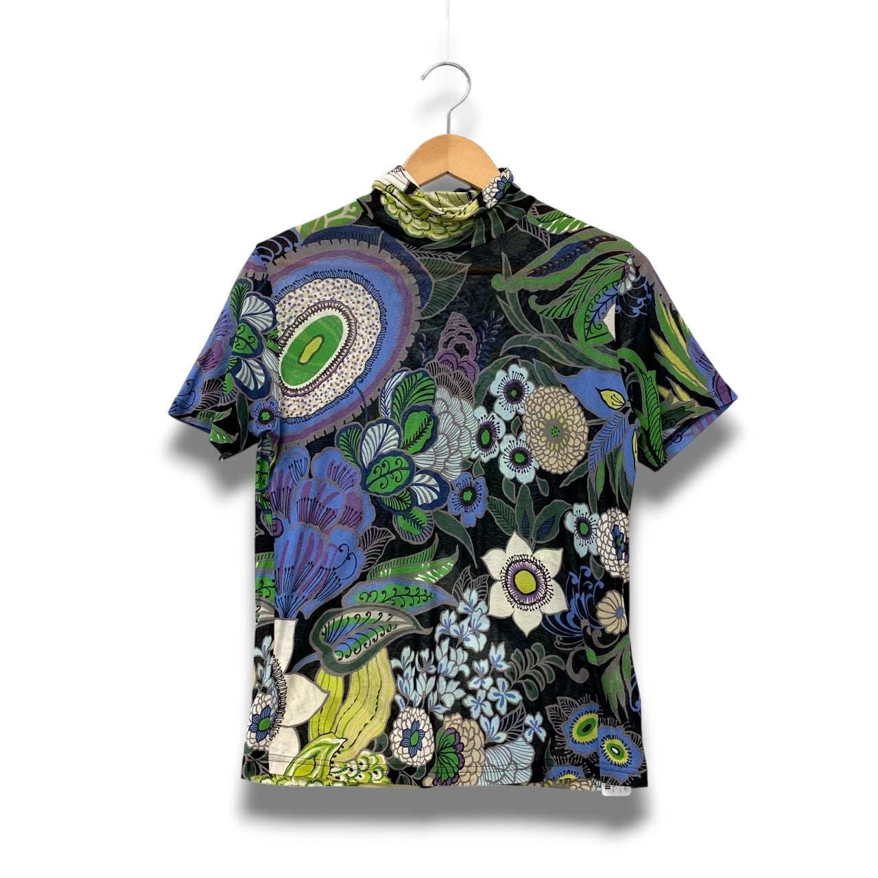 5c2 半袖 シアーカットソー ハイネックトップス 総柄プリント フラワーモチーフ レディース 女性服 サイズ9 マルチカラー コットン100％u02t