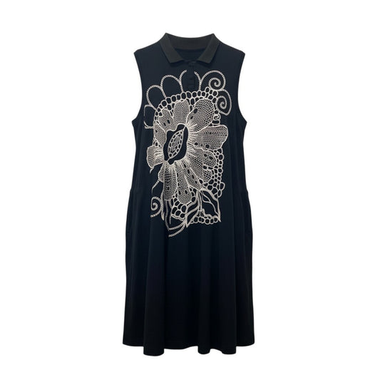 24b13 TOKUKO 1er VOL トクコプルミエヴォル ノースリーブシャツワンピース フラワーモチーフ刺繍 サイドリボン ストレッチ○ レディース 女性用 サイズ9 ブラックu02t