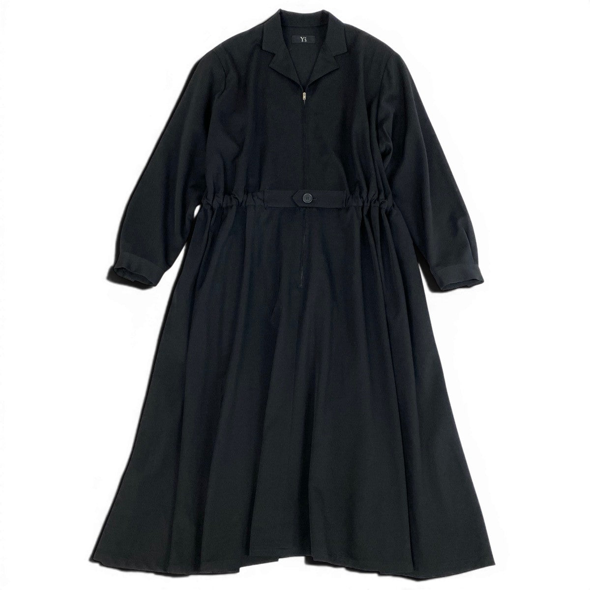 Ae25 【美品】 Y`s ワイズ YOHJI YAMAMOTO ヨウジヤマモト ギャバジン ウエストシェイプ ロングスリーブワンピース YF-D03-100 ブラック ウール100％ レディースta1