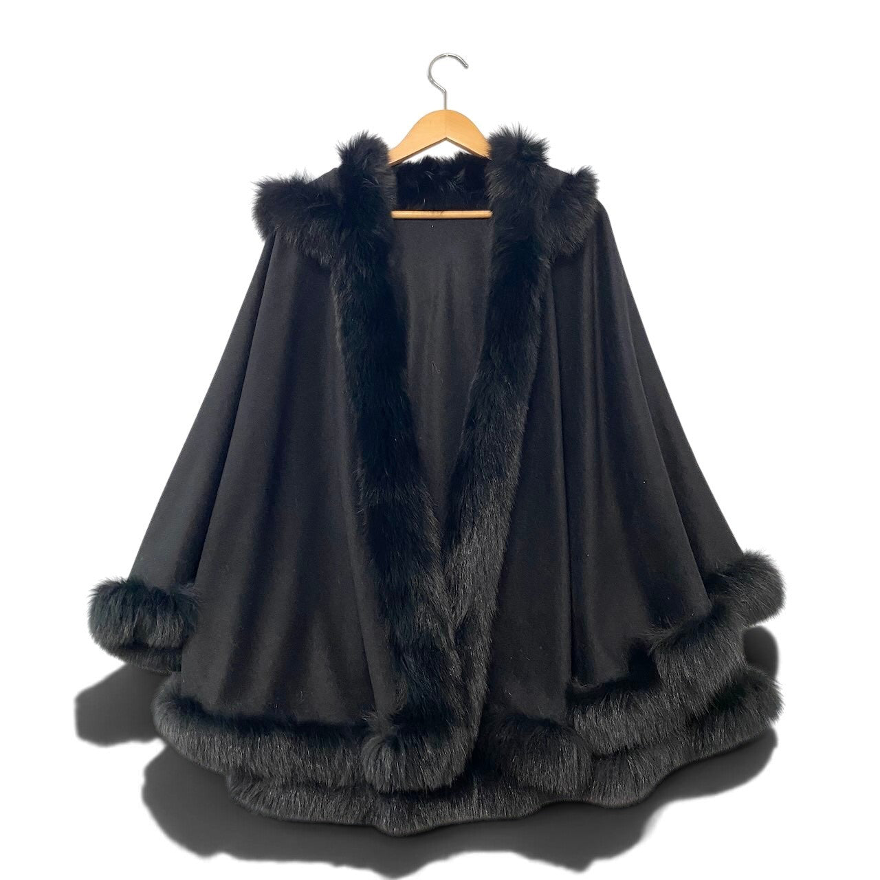 10h28 カシミヤ × フォックスファー フードポンチョ コート サイズF ブラック Cashmere 100％ Fox Fur Poncho Coatt18r