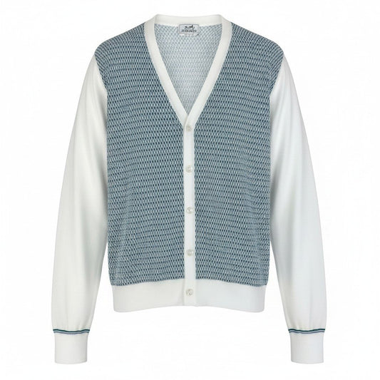 Ed21 【新品保管品】HERMES エルメス Vネックカーディガン コットンカーディガン ニットセーター 総柄 Lサイズ ホワイト グリーン ブルー コットン100％ レディース 女性用t18r