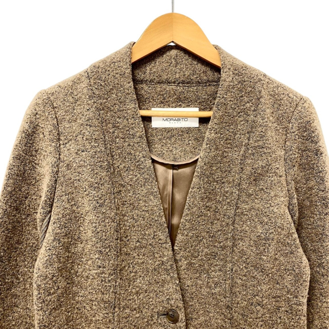 32e16【美品】MORABITO モラビト ノーカラーウールジャケット リブ切替 アウター 40サイズ ブラウン レディース 女性用u02t