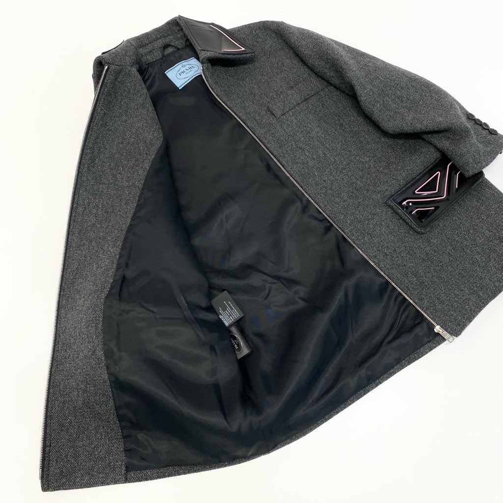 30a9 【美品】 PRADA プラダ ウールジップジャケット ロングジャケット 三角ロゴ トライアングルデザイン  レディース 女性用 38 グレーo07t