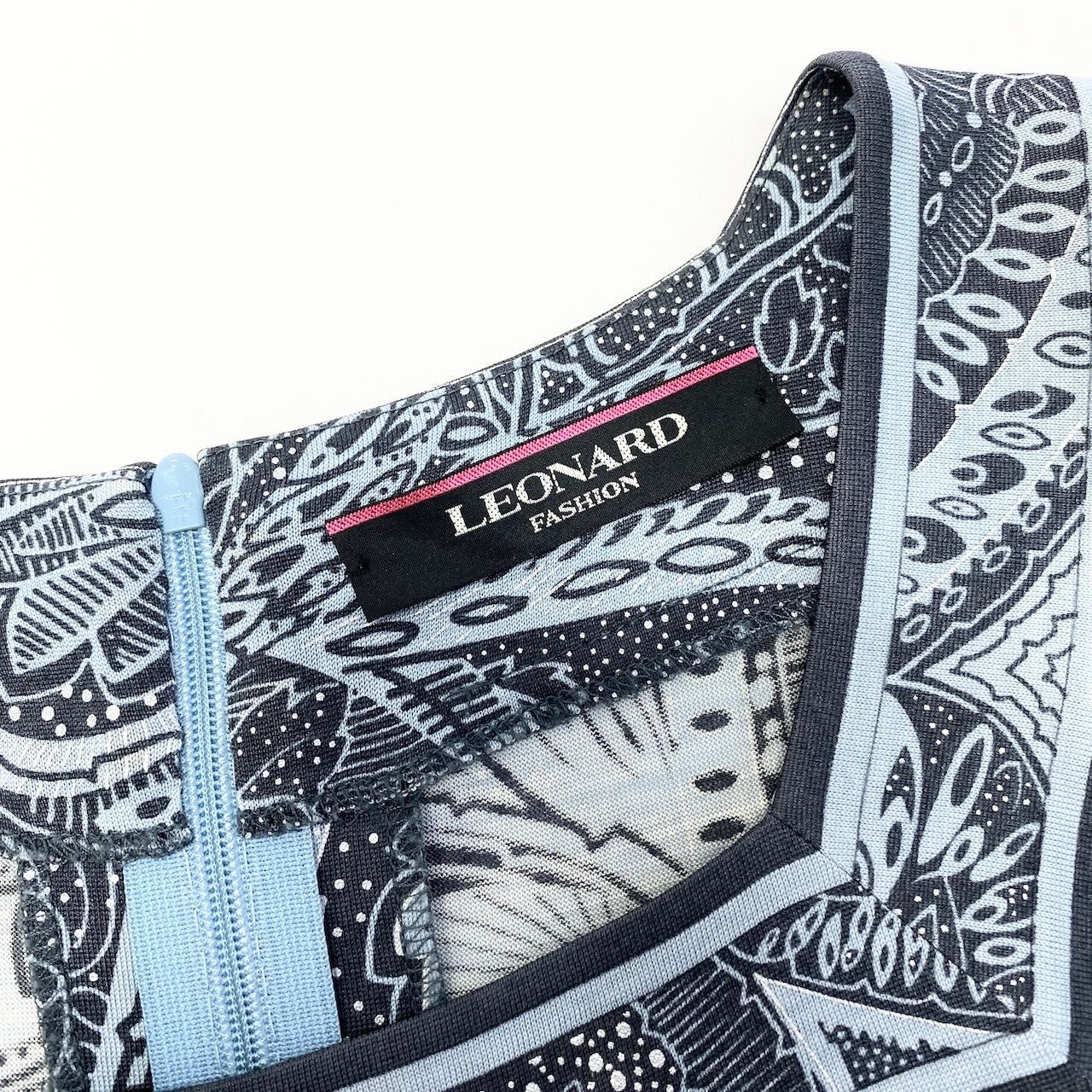 65e7 LEONARD FASHION レオナール スクエアネック ロングワンピース ペイズリー柄 ロングスリーブ サイズ42 ライトブルー ネイビー ウール シルク レディース 女性服o07t
