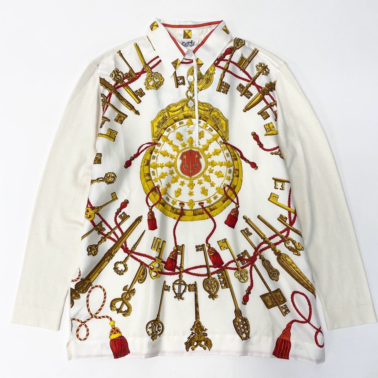 87a29 HERMES エルメス 長袖シャツ 長袖ニットセーター 異素材切替 スカーフ柄 シルク100％ イタリア製 Sサイズ ホワイト レディースo07t